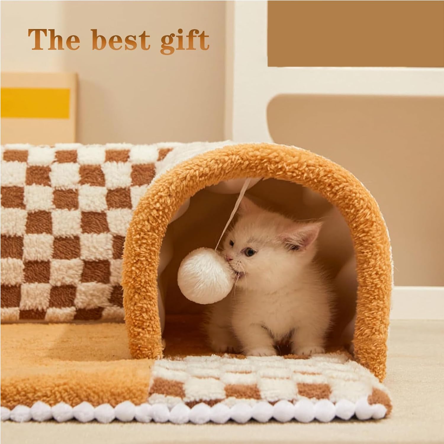 Funny Plush Plaid Cat Tunnel Cat Bed Cat Tunnel Bed With Central Mat Plush Plaid Tunnel Cat Bed Zipper Cat Tunnel For Indoor Cats image 4