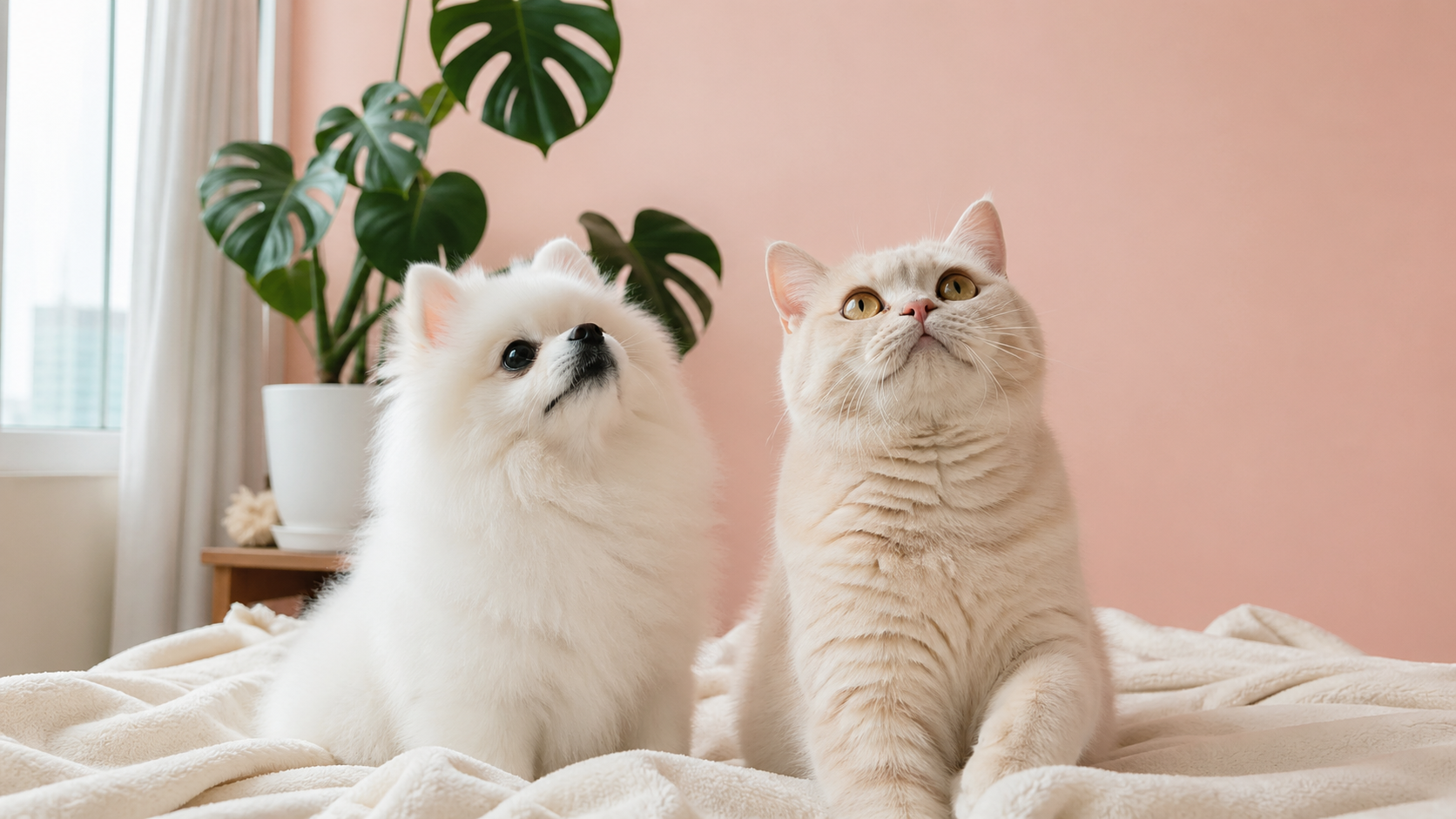 White dog and cream cat on a soft bed