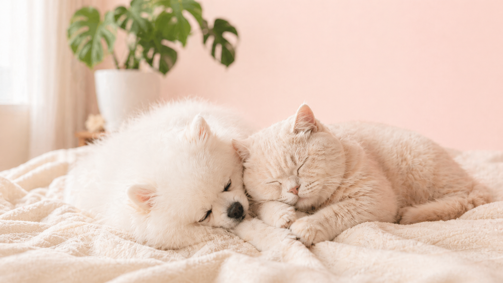 White dog and cream cat sleeping on a soft bed